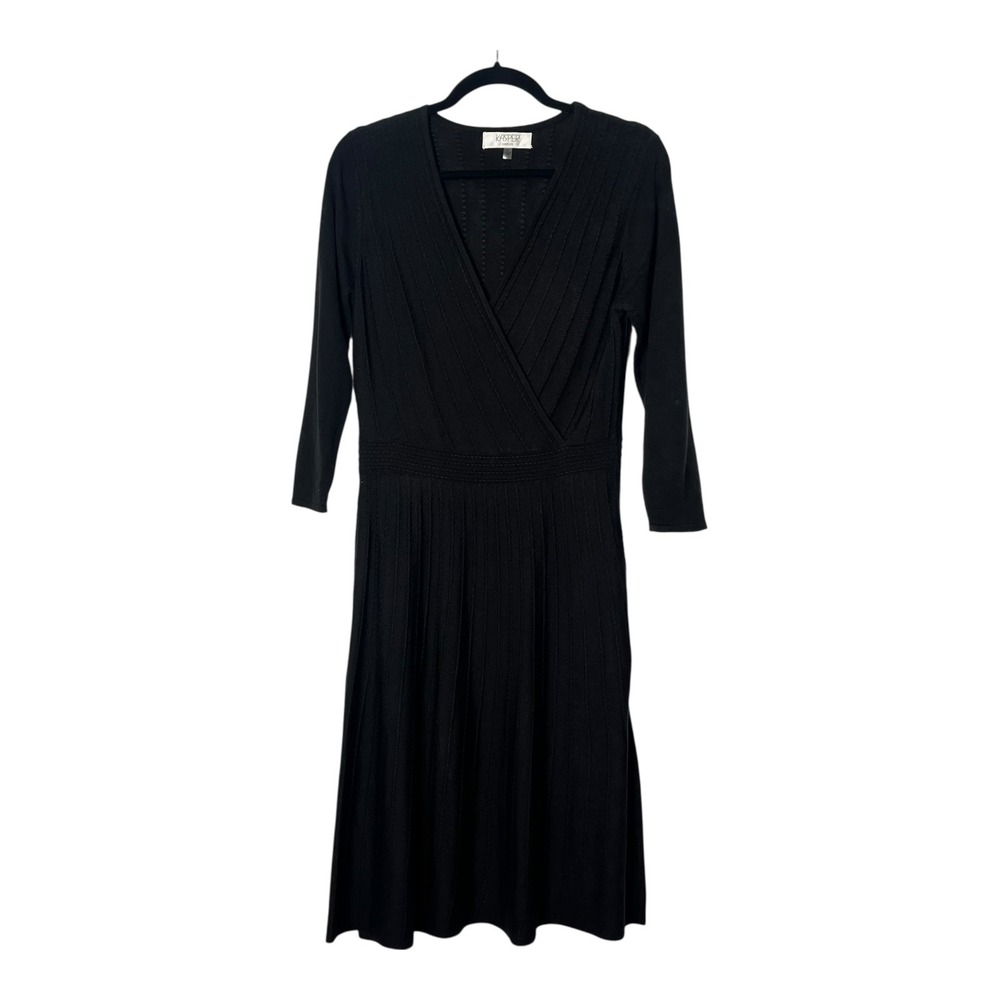 Kasper Womens Black Ribbed Knit Surplice V-Neck Long Sleeve Midi Dress Small